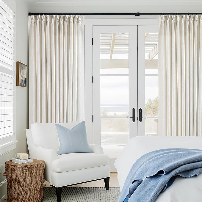 Extra Wide Pinch Pleat Linen Curtains 108 Inches Long for Living Room Sliding Glass Door 70 Inch Wide Semi Sheer Curtain Cream Ivory Boho Pleated Drape Hooks Rings 70x108 Large Window Curtain 1 Panel