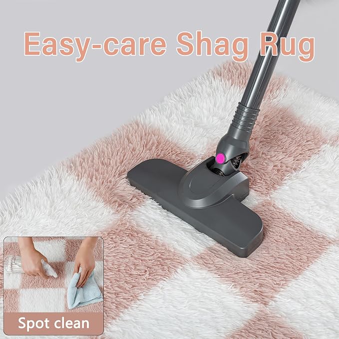 Pink Round Rug 6ft for Bedroom Soft Fluffy Checkered Shag Carpet | Machine - Image 7