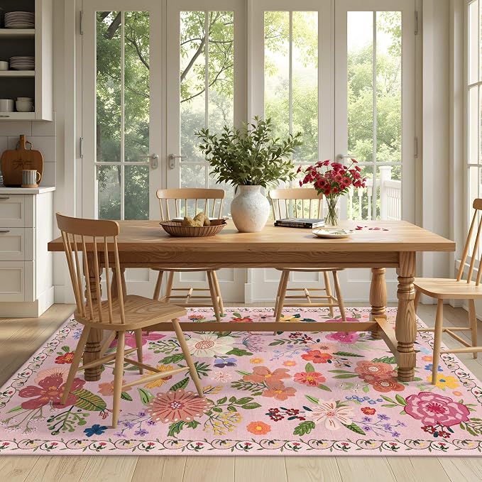 Latte&Fog Washable Living Room Floral Rugs 5x7 Pink Rugs - Image 5