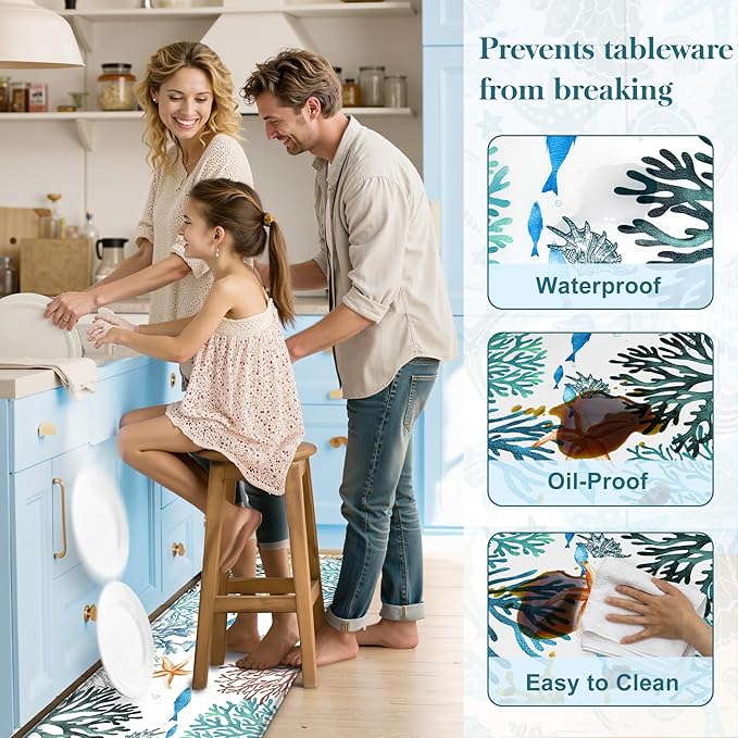 Kitchen Mats for Floor Cushioned Anti Fatigue Sets of 2 Coastal Kitchen Rugs Non Slip Waterproof Nautical Foam Kitchen Floor Rug Beach Theme Coral Fish Comfort Standing Mat for Sink Laundry, Teal