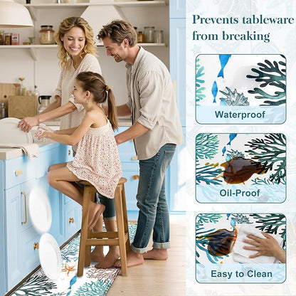 Kitchen Mats for Floor Cushioned Anti Fatigue Sets of 2 Coastal Kitchen Rugs Non Slip Waterproof Nautical Foam Kitchen Floor Rug Beach Theme Coral Fish Comfort Standing Mat for Sink Laundry, Teal