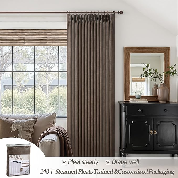 Dark Brown Pleated Double Layer Thick Linen Curtains 96 Inches Long - Image 7