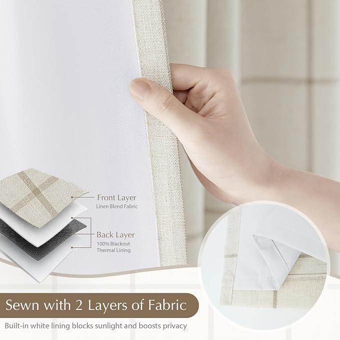 DriftAway 100% Blackout Plaid Linen Curtains 72 Inches Long 2 Panels Taupe | - Image 6