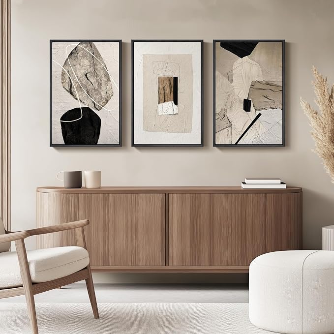 Framed Neutral Abstract Wall Art, Minimalist Black and Beige Pictures - Image 4
