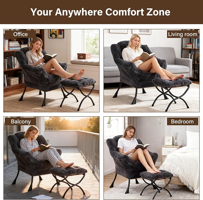 Welnow Lazy Chair with Ottoman, Reading Chair with Footrest, Plush Navy | A - Image 9