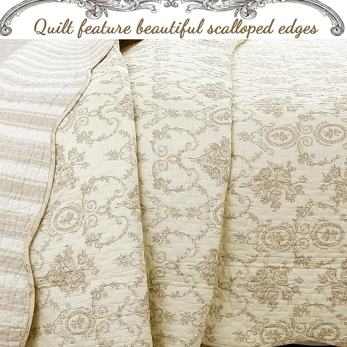 Cozy Line Home Fashions French Medallion 100% Cotton Bedding Quilt Set - Image 3
