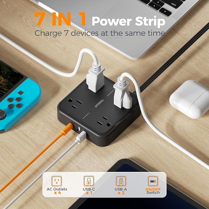 TESSAN Surge Protector Flat Extension Cord 15Ft, Flat Plug Power Strip | 4 - Image 5