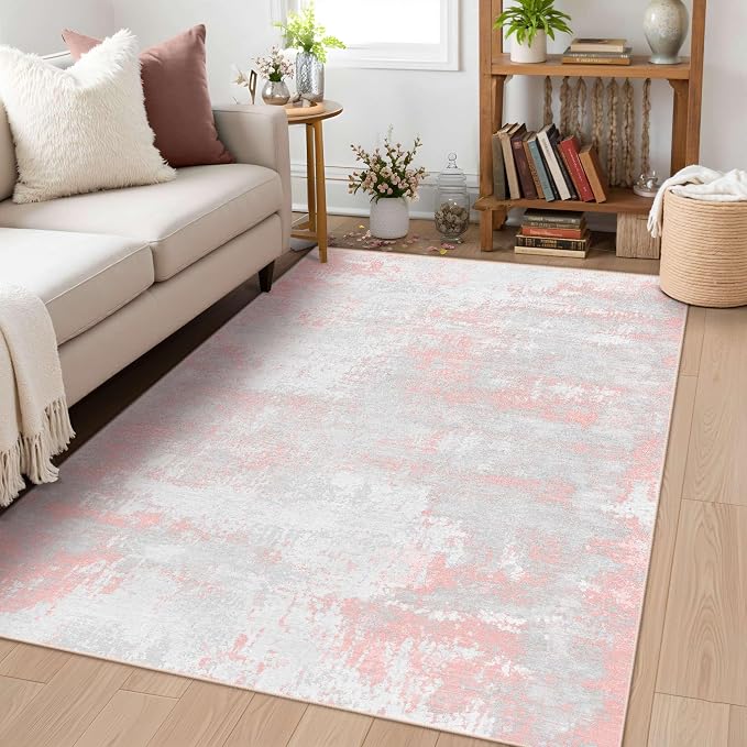 Latte&Fog 3x5 Entryway Pink Area Rugs, Modern Abstract Washable Rugs | - Image 3