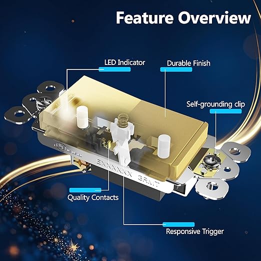 LIDER Minimalist Design Matte Finish Lighted Decorator Switch with Screwless Wall Plate, Frameless Paddle Light Switch with Locator Light, Single Pole, Grounding Screw, 15A 125V, UL Listed, Gold