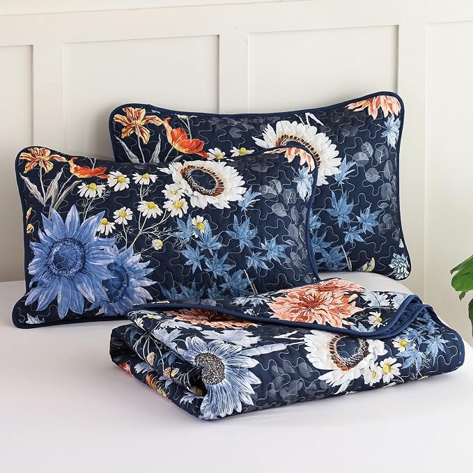 Yiran Navy Blue Sunflower Floral Quilt Set King Size | Botanical Bedspread - Image 8