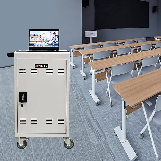 Aokleo Laptop Charging Cart,32 Devices Tablet Storage Carts for Pad Up to 16.3" Screen Size, Classroom Computer Mobile Charging Station for Pads,Chromebooks,Laptops,Security Storage (30+2 Bay-White)