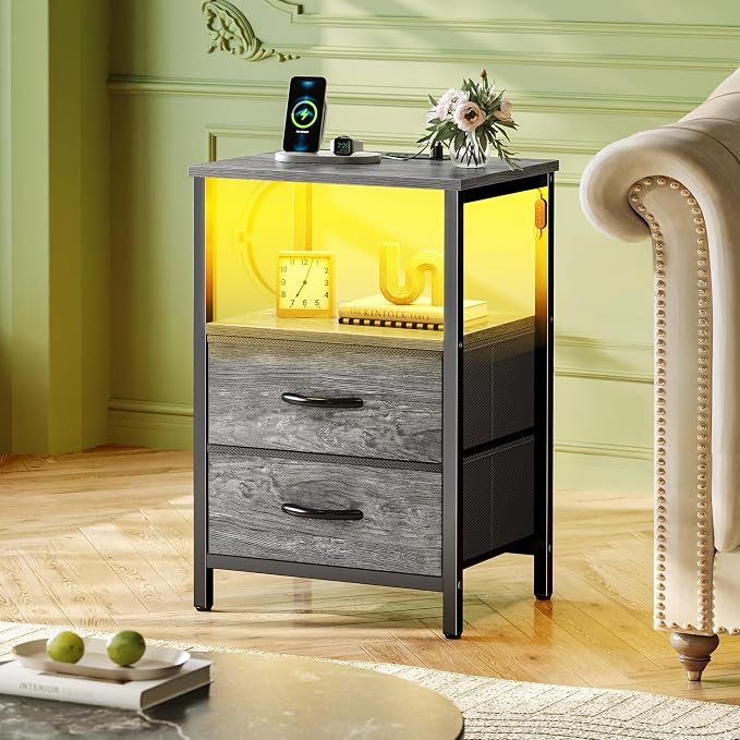 Huuger Night Stand with Charger Station and LED Lights, 2 Drawer Nightstand | - Image 2
