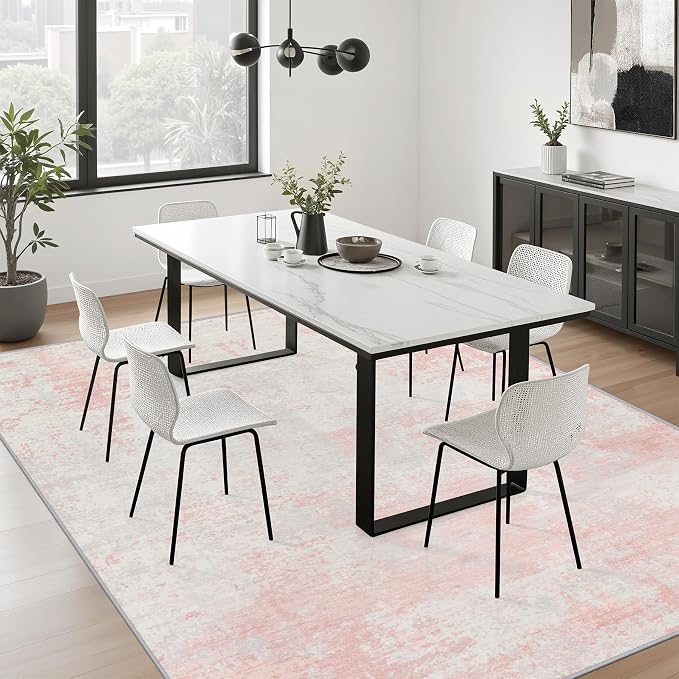 10x12 Area Rug Living Room: Modern Washable Soft Carpet Pink White | - Image 4