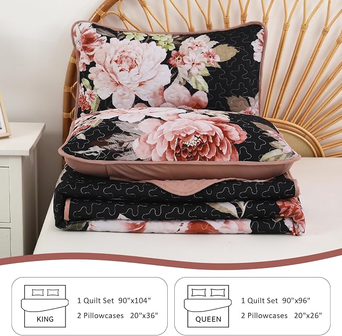 WONGS BEDDING Black Quilt Queen Size, Lightweight Botanical Coverlet Set - Image 7