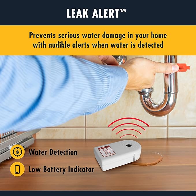 Zircon Leak Alert Water Leak Detector & Flood Sensor Alarm/Water Leak Sensor with Dual Leak Alarms 90Db Audio/Battery Powered (2 Pack) Batteries Not Included (72311) White