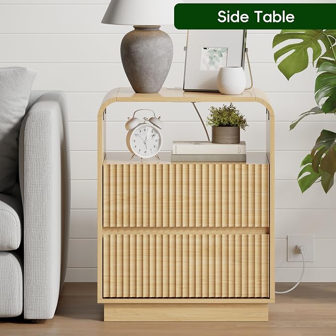 Natural Oak Nightstand with Charging Station, Mid Century Modern Bedside Table - Image 5