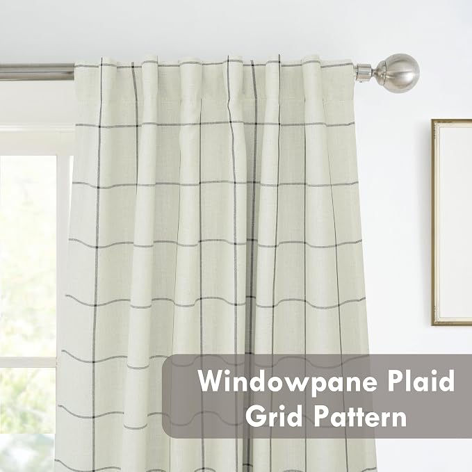 DriftAway 100% Blackout Windowpane Plaid Linen Curtains 45 Inches Black | - Image 6