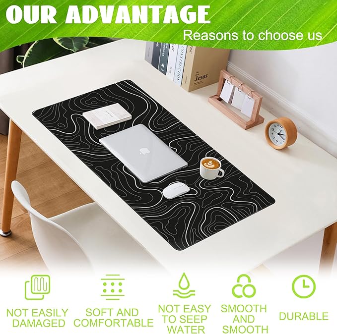 Eflxamz Desk Mat,Black Topographic Contour Map Desk Pad,Topographic Contour Large Gaming Mouse Pad for Desk,Extended Big Computer Keyboard Mouse Pad with Non-Slip Base and Stitched Edge,35.4"x15.7"