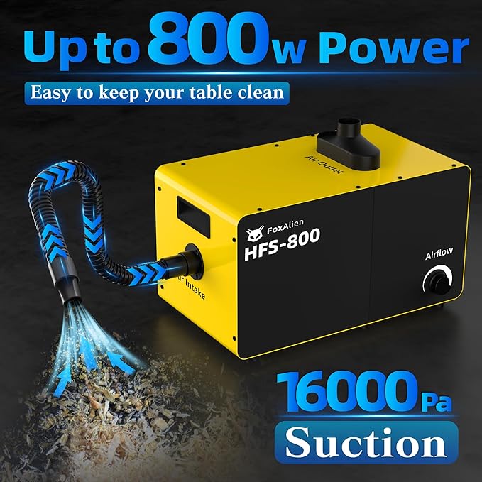 FoxAlien 800W Desktop Dust Collector HFS-800 with Cyclone Dust Separator for CNC Cutting Woodworking, Air Filtration System with HEPA and Carbon Filter, Airflow Adjustable（110V）
