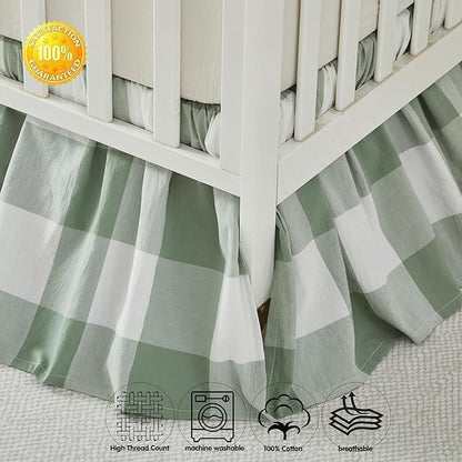 Brandream Gingham Gathered Crib Skirt, Baby Boy, Baby Girl, Gender Neutral Crib Skirt, 100% Cotton, 4-Sided, Green Buffalo Plaid Toddler Bedskirt Farmhouse Chic Nursery Crib Bed Skirt Dust Ruffle