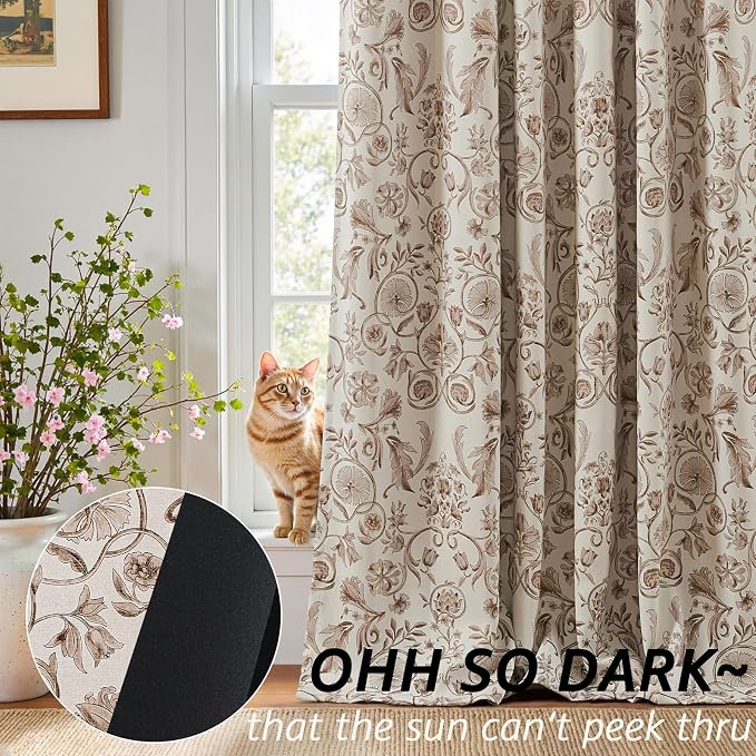 jinchan Taupe Floral Blackout Curtains 84 Inch Farmhouse Back Tab 2 Panels | - Image 3
