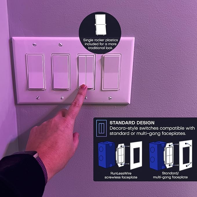 RunLessWire Click for Philips Hue – Battery-Free Wireless Smart Light Switch, 30ft Range – Works Natively with Philips Hue Bridge – Wall Mount Kinetic Switch - Decora Style, White