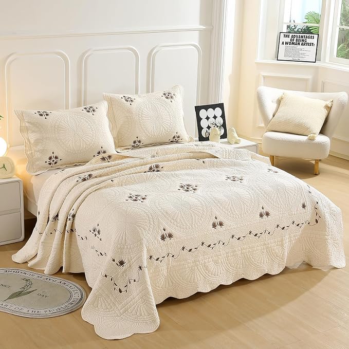 ROOMLIFE Quilt Set Floral Leaves 3D Embroidery Pattern 3 PCS 100% Cotton - Image 2