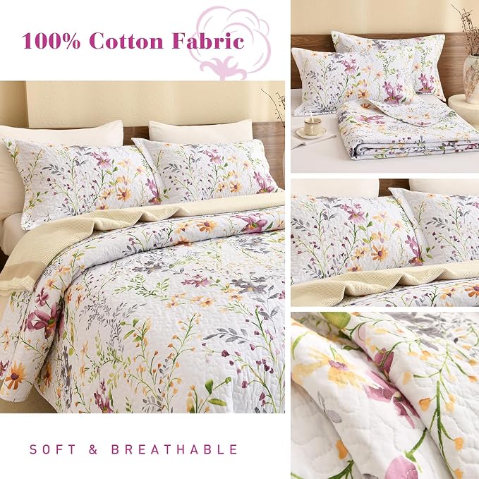 QSH 100% Cotton Floral Quilt Bedding Set 3Pcs - Image 5