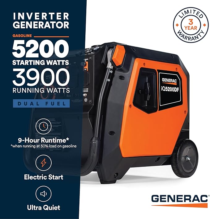 Generac 5,200-Watt Dual-Fuel Portable Inverter Generator - Gas and Propane Compatible - Quiet Operation - Clean, Stable Power - CA Compliant - Great for Home Backup, Camping, and RV Use