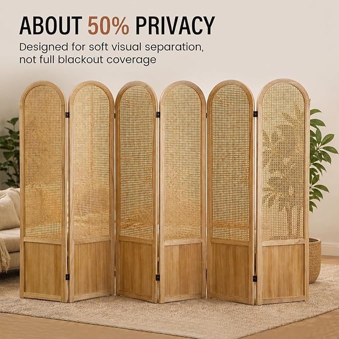 6 Panel Rattan Room Divider Screen, Boho Folding Privacy Screen | Decorative - Image 2