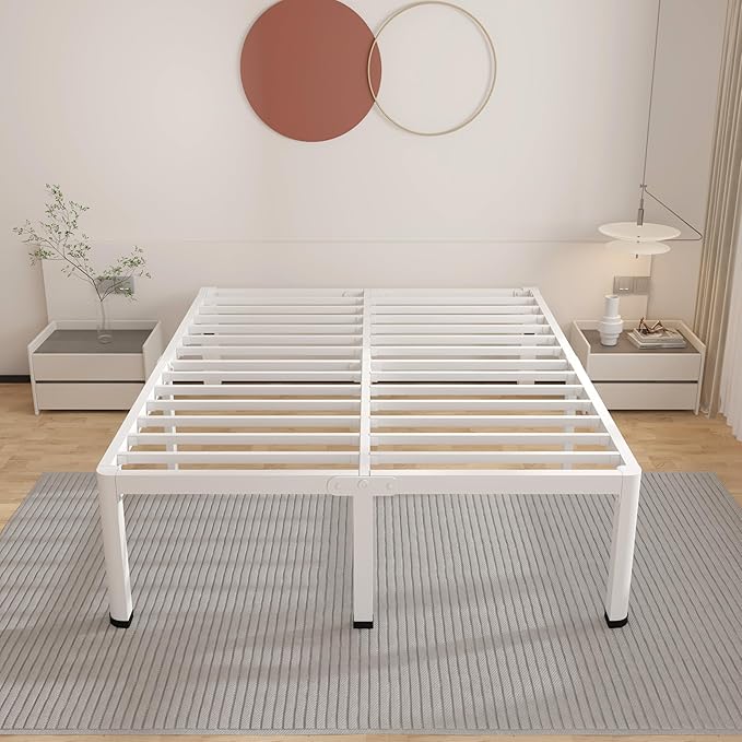 ROIL 20 Inch White King Bed Frame with Rounded Corner and Headboard Hole Mattress Retainers, 3500LBS Heavy Duty Steel Slats No Box Spring Needed Platform Noise-Free Easy Assembly