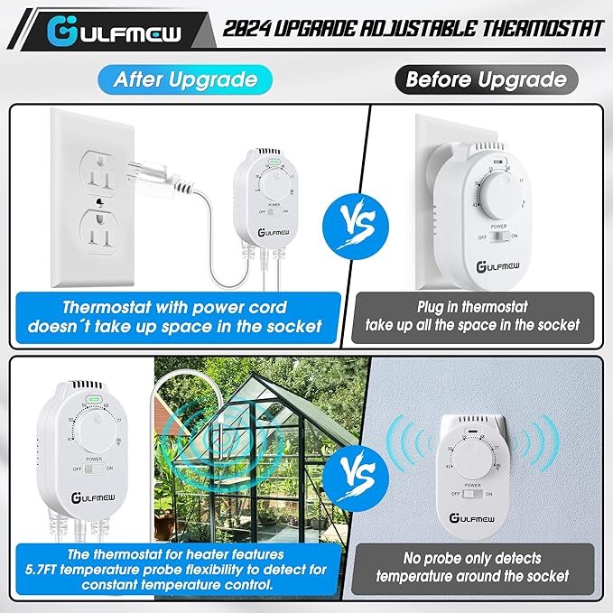 2 Pcs Plug in Thermostat for Heater, Thermostat Plug Outlet with 4.9FT Power Cord, Heating and Cooling Thermostats Outlet with Temperature Probe for Space Heater, Greenhouse Fan (White)