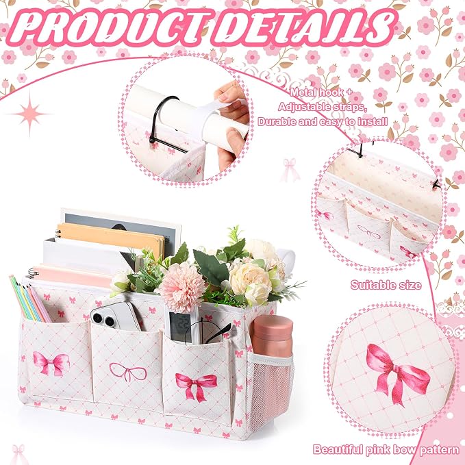 Pink Bow Bedside Caddy, Cute Bow Bedside Organizer, Bed Rail - Image 2