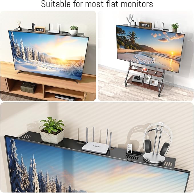 CABTE Adjustable Steel TV Top Shelf, Floating TV Stand, Universal Monitor Shelf for Soundbar, Game Console, Cable Box, Router Shelves (Black,33.86"x4.7" with Boxes)