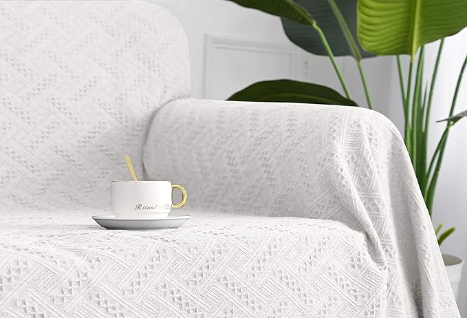 MYSKY HOME Couch Cover White Sofa Covers Small Chair Cover Geometrical Couch Recliner Cover for 1 Cushion Couch Washable Futon Sofa Throws Single Sofa Slipcovers for Dogs (Medium, 71" x 91", White)