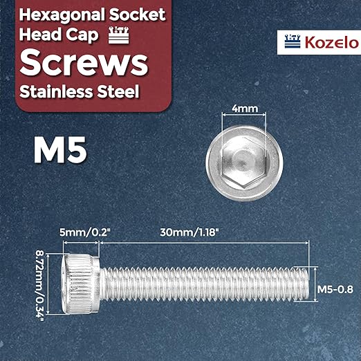 Kozelo 50pcs Socket Head Cap Screws - [M5-0.8 x 30mm] 304 Stainless Steel Allen Socket Drive for Electrical Motor 3D Printing Fan Engine Replacement Use, Silver