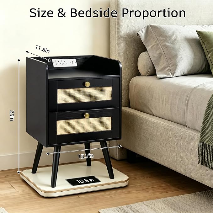 Rattan Nightstands Set of 2, Boho Bedside Table - Image 2