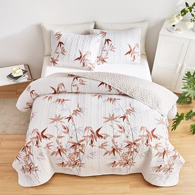 Botanical Quilt Set 3 Pieces King, Burnt Orange Leaves on White Design - Image 4