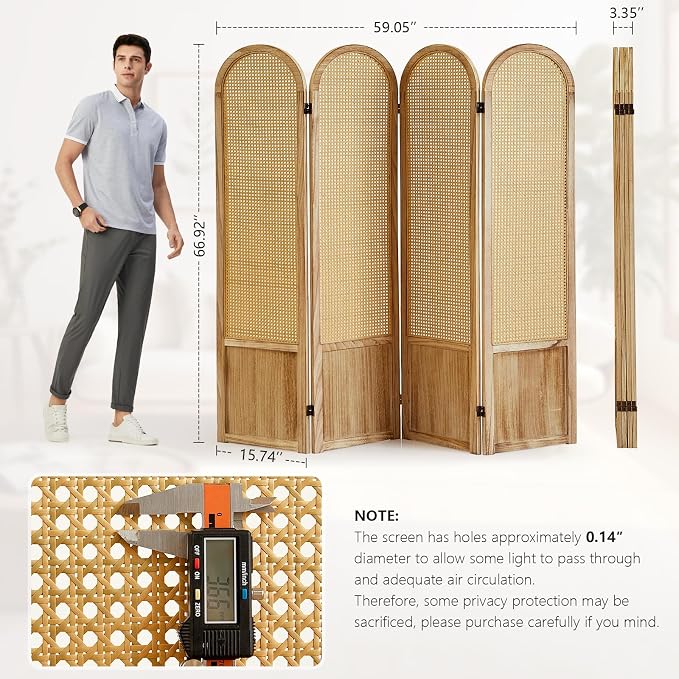 Rattan Room Divider, 4 Panel Folding Room Screen Divider, Natural | Woven - Image 6
