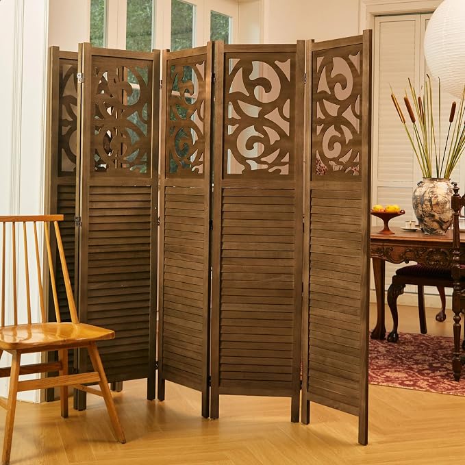 Svimi Folding Room Divider, 5.6Ft 6 Panels Wood Carved Privacy Screens - Image 3