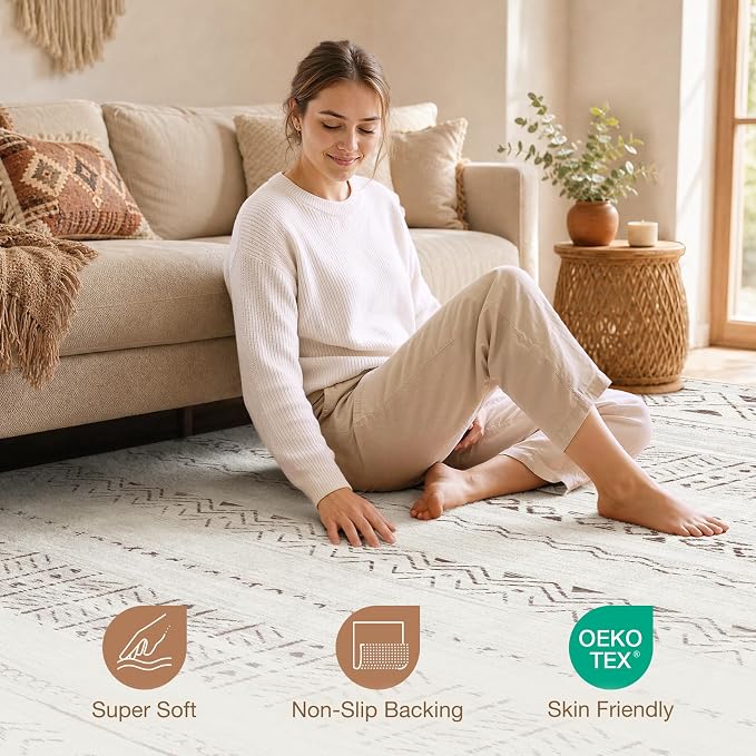cotiled 10x13 Area Rugs Washable Boho Living Room Rug Brown/Cream | Solve - Image 4