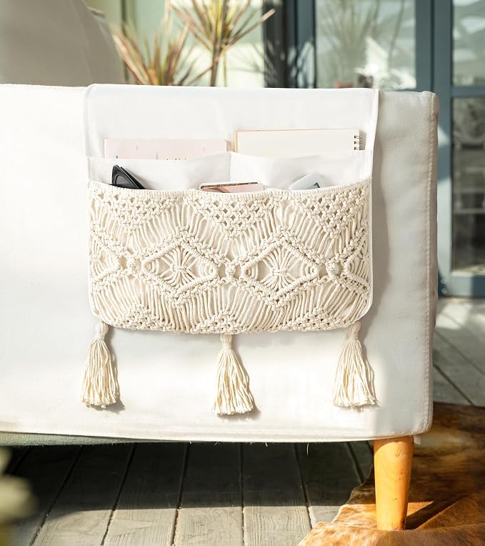 Mkono Macrame Armchair Caddy, Boho Couch Armrest Organizer, 4 Pockets Beige | by Mkono