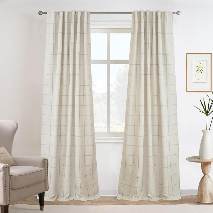 DriftAway 100% Blackout Plaid Linen Curtains 96 Inches Long 2 Panels Taupe | by DriftAway