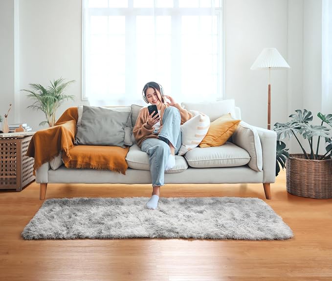 2x6 Runner Rugs for Bedroom Living Room, Fluffy Tie-Dyed Light Grey Bedside - Image 6