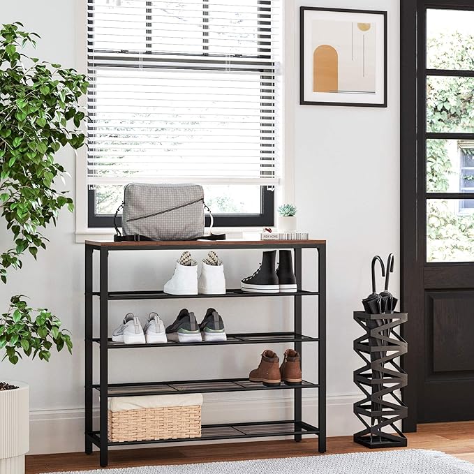 VASAGLE INDESTIC Shoe Rack, Shoe Organizer for Closet with 4 Mesh Shelves and Large Top for Bags, Entryway Hallway Shoe Shelf, Steel Frame, Industrial, Hazelnut Brown and Black ULBS015B03