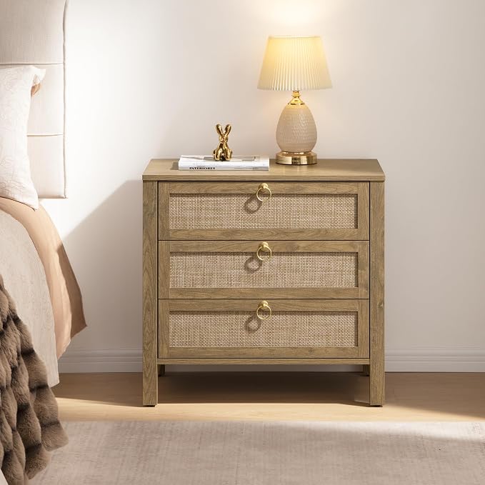 SICOTAS Rattan Nightstand with 3 Drawers, Large Boho Bedside Tables Bedroom | - Image 7