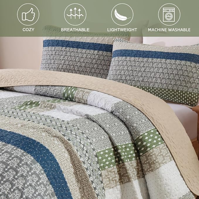 WONGS BEDDING King Quilt Set Khaki Green, 3 Pieces Striped Bedspread | Ultra - Image 7