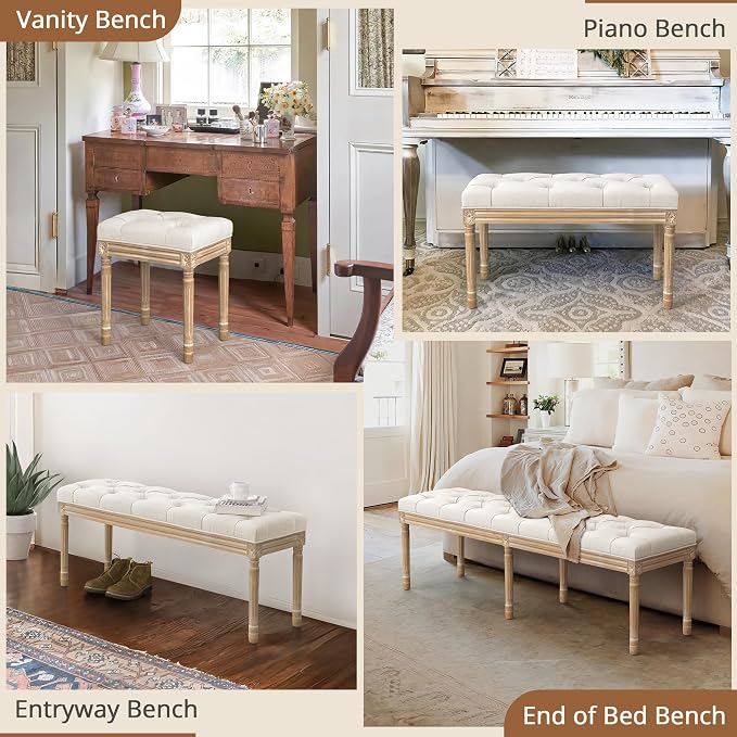 LUE BONA 60" Fabric End of Bed Bench, Upholstered Tufted French Bedroom Bench - Image 7