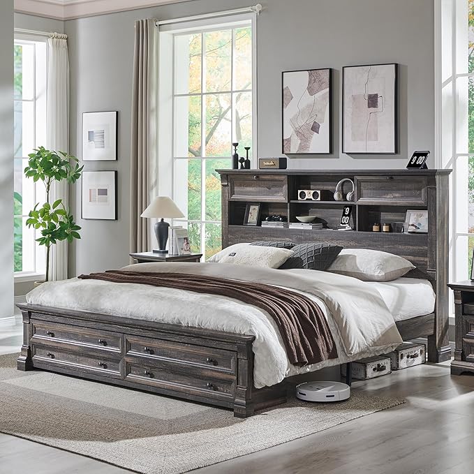 Farmhouse King Size Bed Frame with 54" Tall Headboard, Headboard with 4 Storage Rack, 2 Drawers, 18" Roman Column Decoration Footboard, Wood Platform Bed Frame, No Box Spring Needed(Dark Rustic Oak)
