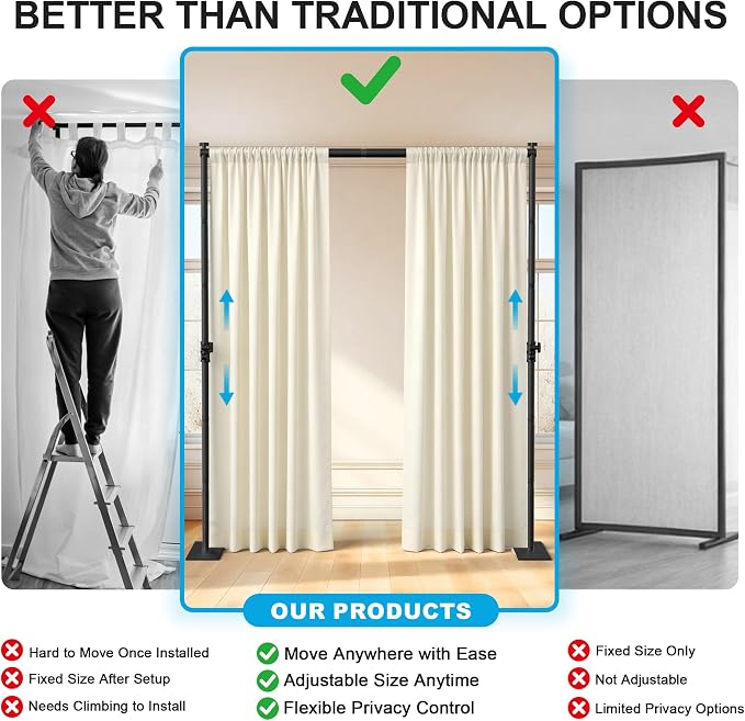 AKTOP Room Divider Curtain Rod, No Drill Freestanding Room Separator, Privacy - Image 3